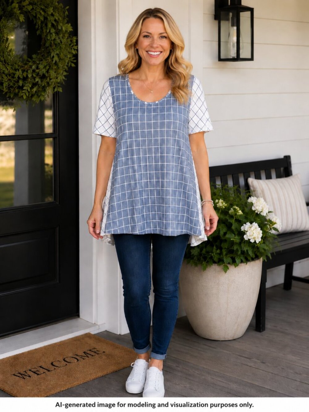 LuLaRoe Perfect T Blue-Gray Windowpane Swing Tunic Top NWT